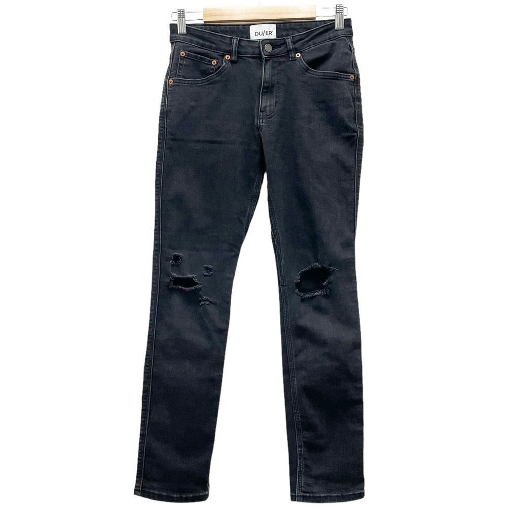 DU/ER DUER Performance Denim Straight Mid Jeans Aged Black Distressed Size 27